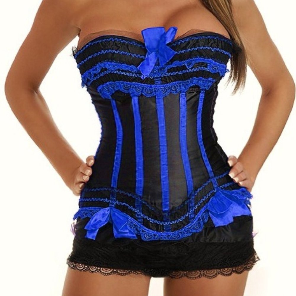 Daisy Satin Underwire with Lace and Bows Zippered Corset and Matching Thong